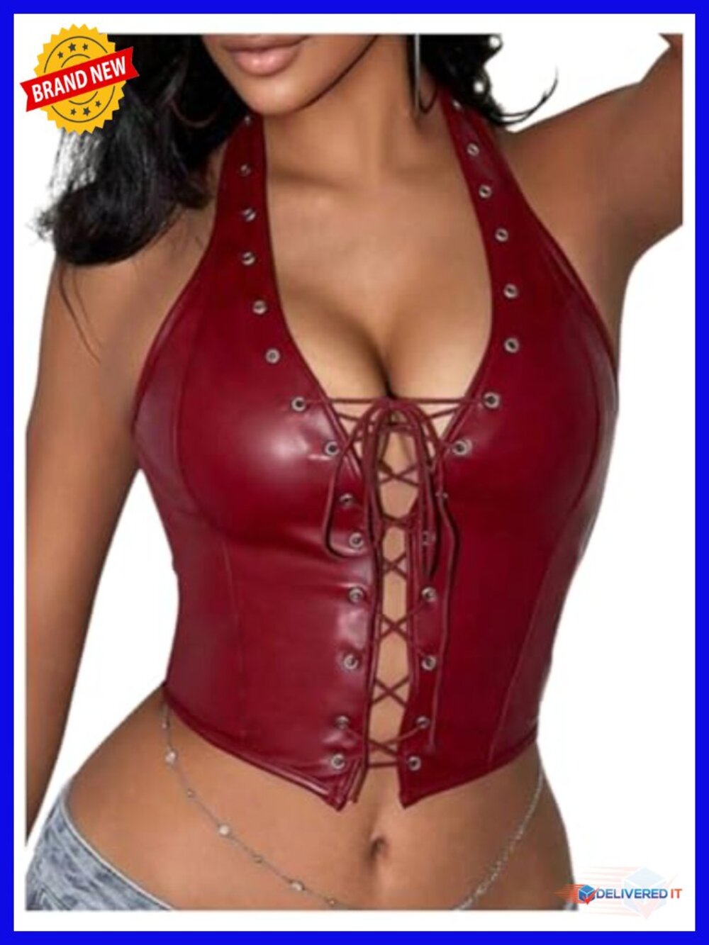 PU Leather Halter Top Grommet Eyelet Tie Front Corset Crop Top